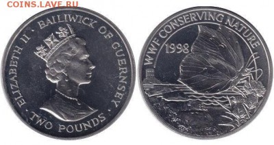 Крона Шайба Гернси 2 фунта 1998 бабочка Лимонница UNC фауна - krona_shajba_gernsi_2_funta_1998_babochka_limonnica_unc_fauna_wwf_sokhranim_prirodu_fond_dikoj_prirody