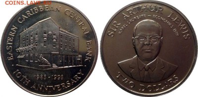 Крона Шайба Восточные Карибы 2$ доллара 1993 10 лет Банку - krona_shajba_vostochnye_kariby_2_dollara_1993_10_let_centralnomu_banku