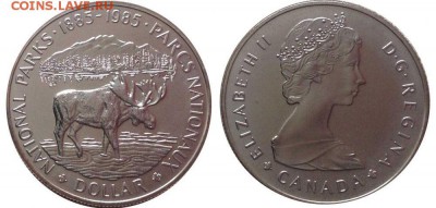 анада 1 доллар 1985 Лось - kanada_1_dollar_1985_100_let_nacionalnym_parkam_los_unc_serebro_tirazh_100_tysjach_fauna