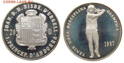 Андорра 20 динеров 1987 Теннис Олимпиада Сеул 1988 - andorra_20_dinerov_1987_tennis_olimpiada_seul_1988_olimpijskie_igry_serebro_redkaja_20_dinar_1987