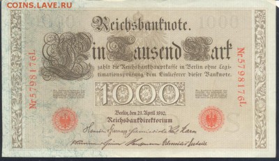 Германия 1000 марок 1910 г. Красная печать. 24.07.18 г. 22 - 1000  м. 1910 1