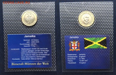 биметалл Ямайка 20 долларов 2000 UNC блистер в запайке - bimetall_jamajka_20_dollarov_2000_unc_blister_v_zapajke