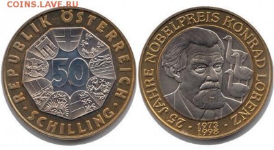 Биметалл Австрия 50 шиллингов 1998 Конрад Лоренц Нобелевский - bimetall_avstrija_50_shillingov_1998_konrad_lorenc_nobelevskij_laureat