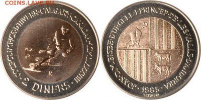 Биметалл Андорра 2 динера 1985 Олимпийские Игры в Калгари - bimetall_andorra_2_dinera_1985_olimpijskie_igry_v_kalgari_gornye_lyzhi_olimpiada