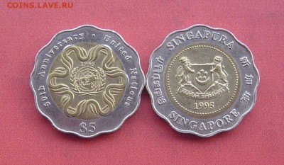 биметалл Сингапур 5$ долларов 1995 50 лет ООН UNC - bimetall_singapur_5_dollarov_1995_50_let_oon_unc