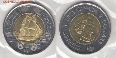 биметалл Канада 2$ доллара 2012 UNC Война 1812 года Фрегат - bimetall_kanada_2_dollara_2012_unc_vojna_1812_goda_fregat_shennon_korabl_parusnik