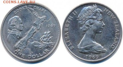Крона Шайба Новая Зеландия 1$ долларов 1969 Капитан Кук - krona_shajba_novaja_zelandija_1_dollarov_1969_200_let_puteshestvie_kapitana_kuka_korabl_parusnik