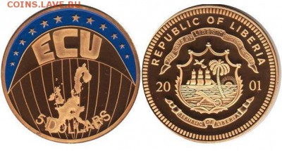 Крона Шайба Либерия 5$ долларов 2001 Экю Валюта Европы - 565298b