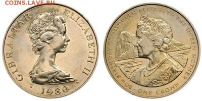 Крона Шайба Гибралтар 1 крона 1980 80 лет юбилей королевы - krona_shajba_gibraltar_1_krona_1980_80_let_jubilej_korolevy_materi