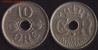 монеты стран Скандинавии по ФИКСУ - Дания 10 оре 1924 (HCN-GJ) -55