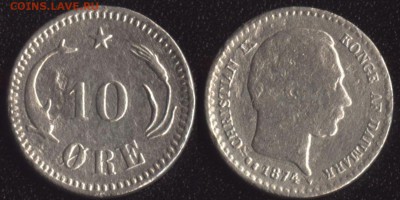 монеты стран Скандинавии по ФИКСУ - Дания 10 оре 1874 -165