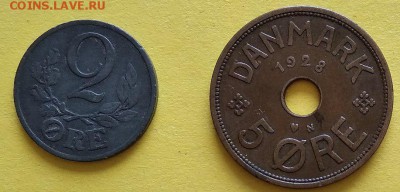 2 и 5 эре . 1943г. , 1928г. Дания. Ок. 20.08.18г. в 22.00 ч - Дания..