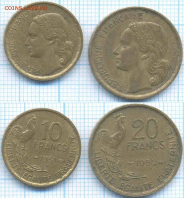 Франция 10 ф 1951, 20 ф 1952 г., до 23.08.2018 г. 22.00 по М - Франция 2 монеты  3301