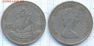 Восточные Карибы 25 центов 1993 г., до 27.08.2018 г. 22.00 п - Восточные Карибы 25 центов 1993  3308