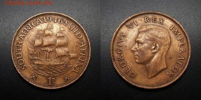 МОНЕТЫ МИРА 08-18 - Южная Африка – 1 пенни (1946) «Парусник; Георг VI» (d-31мм)