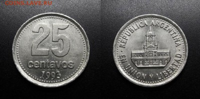 МОНЕТЫ МИРА 08-18 - Аргентина – 25 сентаво (1993) «Ратуша в Буэнос-Айресе» медь-ник