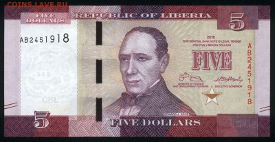Либерия 5 долларов 2016 unc 29.08.18. 22:00 мск - 2