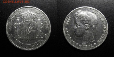 МОНЕТЫ МИРА 08-18 - Испания – 1 песета (1901) «Альфонсо XIII – король Испании» (Ag) №1