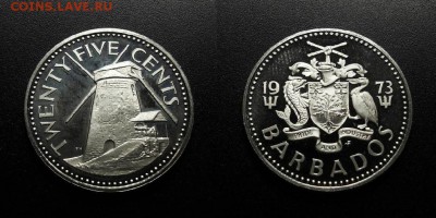 МОНЕТЫ МИРА 08-18 - Барбадос – 25 центов (1973) «Сахарная мельница» (proof)
