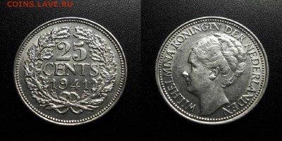 МОНЕТЫ МИРА 08-18 - Нидерланды – 25 центов (1941) «Королева Вильгельмина» (Ag)
