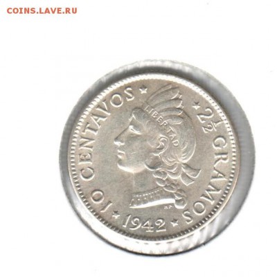 10 сентавос 1942 года Доминикана UNC до 14.09 до 21.00 - 10 сентавос 1942