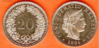 Швейцария -20 раппенов 1991 до 21.00 мск 18.09.2018 - Швейцария-20 раппенов 1991