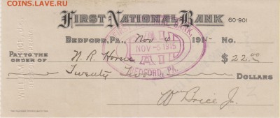 Чек"FIRST NATIONAL BANK" США 1915 г. до 21.09. в 22.00 м - чек 003