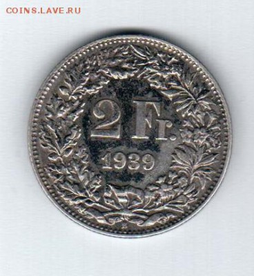 2 франка 1939 года Швейцария до 26.09 до 21.00 - 2 франка 1939