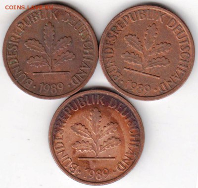 ФРГ 1 пфенниг 1989 г. 3-х монет. двор. до 24.00 01.10.18 г. - 003