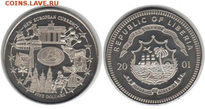 Крона Шайба Либерия 5$ долларов 2001 Новая Валюта Европы 1 Е - 805412b