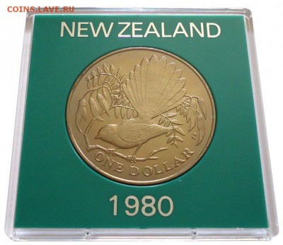 Крона Шайба Новая Зеландия 1$ доллар 1980 Веерохвостка птица - krona_shajba_novaja_zelandija_1_dollar_1980_veerokhvostka_ptica_fauna_v_pamjatnoj_korobke_fauna
