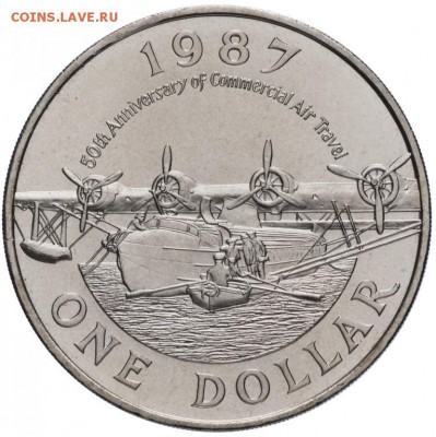 Крона Шайба Бермуды 1$ доллар 1987 Бермудские острова авиаци - krona_shajba_bermudy_1_dollar_1987_bermudskie_ostrova_50_let_kommercheskoj_aviacii_samolet_aviacija
