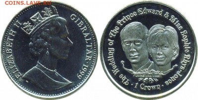 Крона Шайба Гибралтар 1 крона 1999 Свадьба Принца Эдварда - krona_shajba_gibraltar_1_krona_1999_svadba_princa_edvarda_i_sofi_ris_dzhons