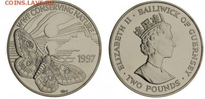 Крона Шайба Гернси 2 фунта 1997 бабочка Павлиноглазка фауна - krona_shajba_gernsi_2_funta_1997_babochka_pavlinoglazka_unc_fauna_wwf_sokhranim_prirodu_fond_dikoj_prir