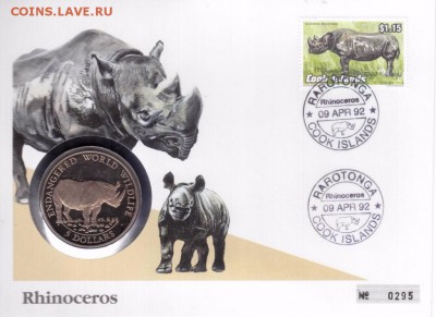 КПД Крона Шайба Острова Кука 5$ долларов 1990 Носорог - kpd_krona_shajba_ostrova_kuka_5_dollarov_1990_nosorog_vymirajushchie_vidy_fauna_zhivotnye_buklet_konvert