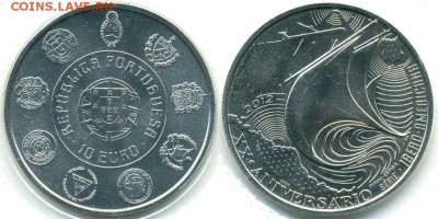Крона Шайба 10 евро Португалия 2012 Корабль Парусник - krona_shajba_10_evro_portugalija_2012_korabl_parusnik_unc_20_let_serii_ibero_amerika