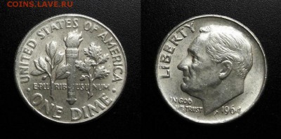 МОНЕТЫ МИРА 11-18 - США – 1 дайм (1964) «Франклин Рузвельт» (Ag)