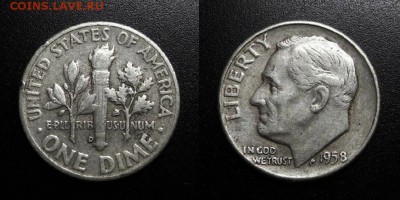 МОНЕТЫ МИРА 11-18 - США – 1 дайм (1958 D) «Франклин Рузвельт» (Ag)