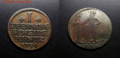 МОНЕТЫ МИРА 11-18 - Германия (Брауншвейг-Люнебург-Каленберг-Ганновер) – 1 пфенниг (1754 IВH)