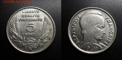 МОНЕТЫ МИРА 11-18 - Франция – 5 франков (1933) никель (тип №2)