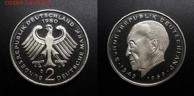 МОНЕТЫ МИРА 11-18 - Германия – 2 марки (1980 D) «Конрад Аденауэр» proof