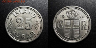 МОНЕТЫ МИРА 11-18 - Исландия (Дания) – 25 эйре (1940)