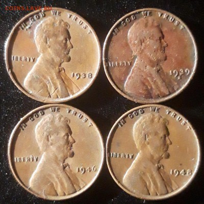США пшеничные центы 4шт., 1938, 1939S, 1946, 1948, до 13.11 - лот 3-2