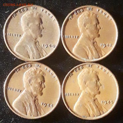 США пшеничные центы 4шт., 1940, 1942, 1944, 1945, до 13.11 - лот 5-2
