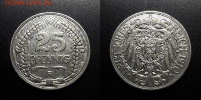 МОНЕТЫ МИРА 11-18 - Германия – 25 пфеннигов (1910 А) никель