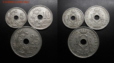 МОНЕТЫ МИРА 11-18 - Бельгия - набор 5 + 10 + 25 сантимов (1928) №11-3