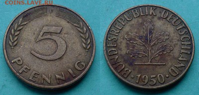 Германия (ФРГ) - 5 пфеннигов (F) 1950 года до 23.11 - германия 5 пфеннигов 1950 года
