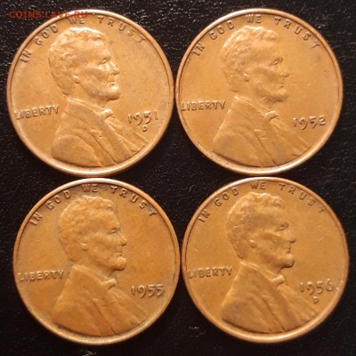 США пшеничные центы 4шт., 1951D,1952P,1955P,1956D, до 22.11 - лот 3-2