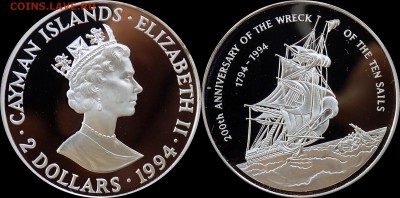 Каймановы о-ва 2 доллара 1994 ПАРУСНИК - Кайманы 2 доллара