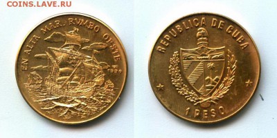 Куба 1 песо 1990 Корабль Колумба UNC 500 лет открыт - kuba_1_peso_1990_korabl_kolumba_unc_pozolota_500_let_otkrytie_ameriki_parusnik_medno_nikel_pozolot